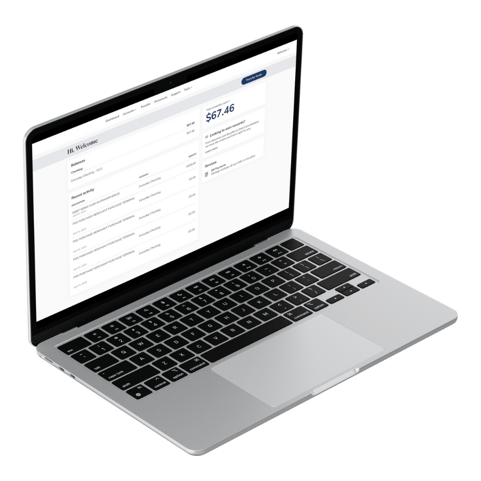 Laptop open with online banking on the screen